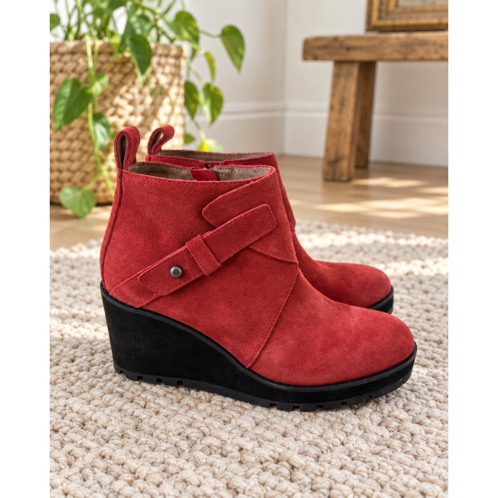 Eileen Fisher Tinker Suede Wedge Booties Red Platform Ankle Boots 6 Classic